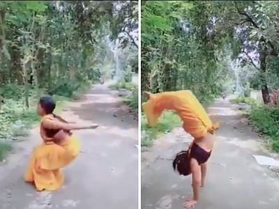 viral video of woman doing backflip in saree