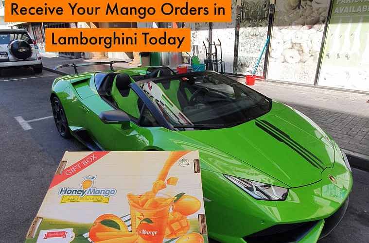 delivering mangoes in Lamborghini offer giving by dubai super market