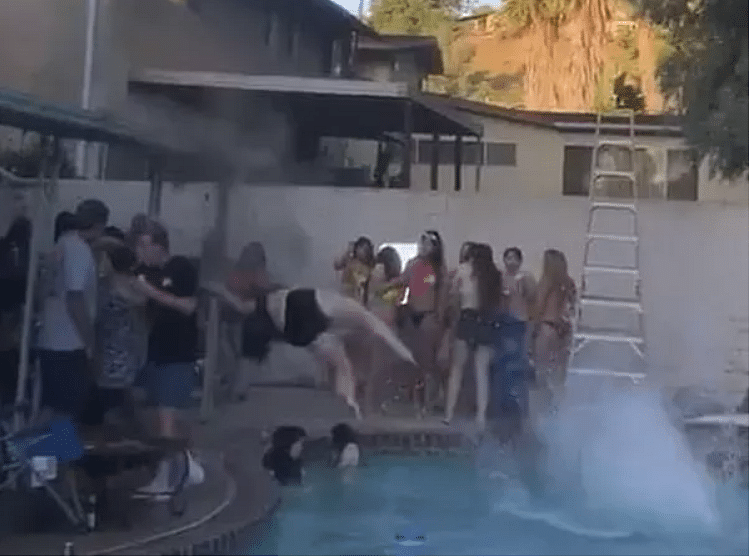 viral video of woman who tries jump in pool from rooftop but Horrifying moment is create