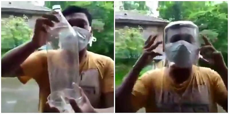 viral video of man who make face shield by plastic bottle with amazing jugaad technique