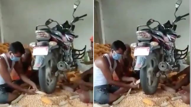 viral video of farmer who used bike to separate corn from kernel