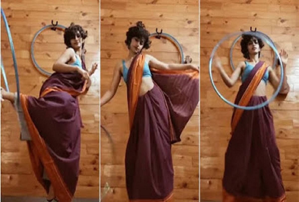 Viral video of hoop dancer eshna kutty  dance on genda phool wearing saree and sneakers