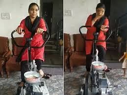 viral video of desi jugaad to use gym cycle to grind flour during exercise