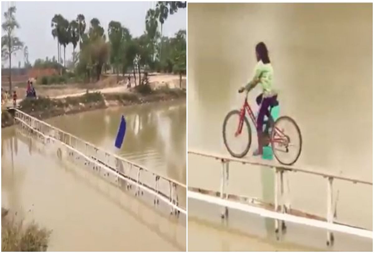 viral video of child who cross slim wooden track via cycle build on pond