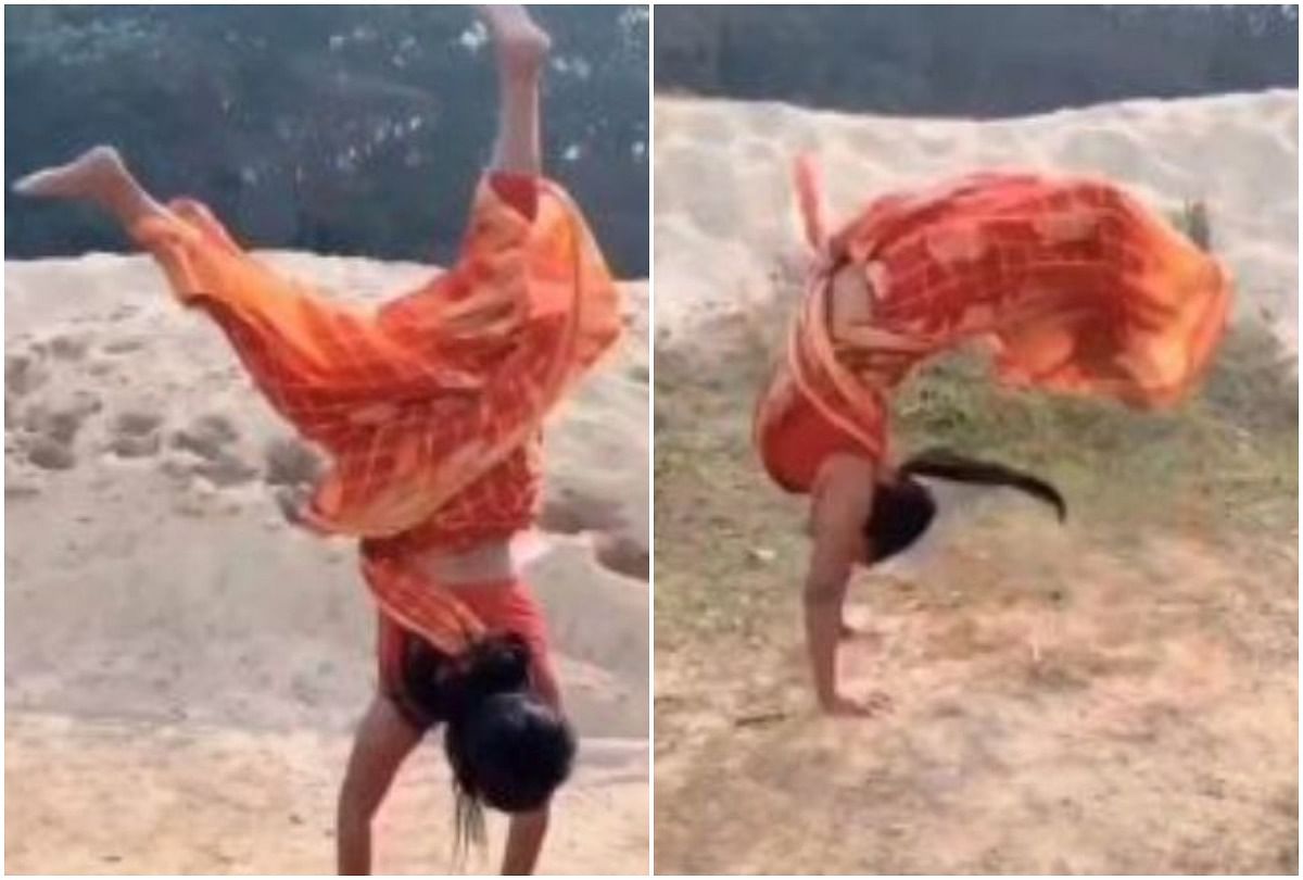 viral video of woman perform backflip in saree people got shocked after seeing this video