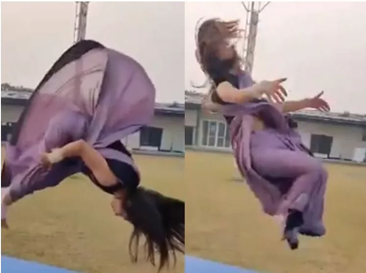 viral video of woman who perform backflip in a saree users got shocked after see this
