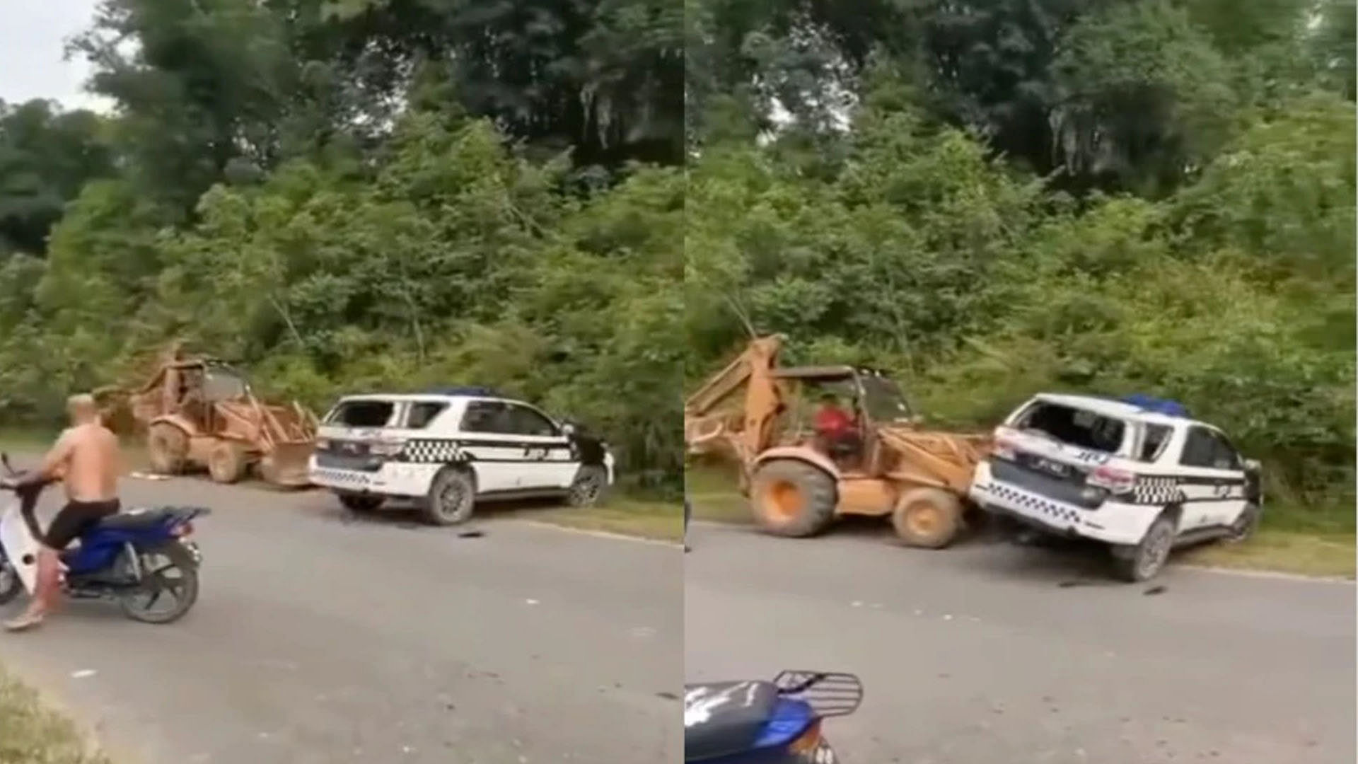 man smashes police vehicle with bulldozer after challan video goes viral on social media