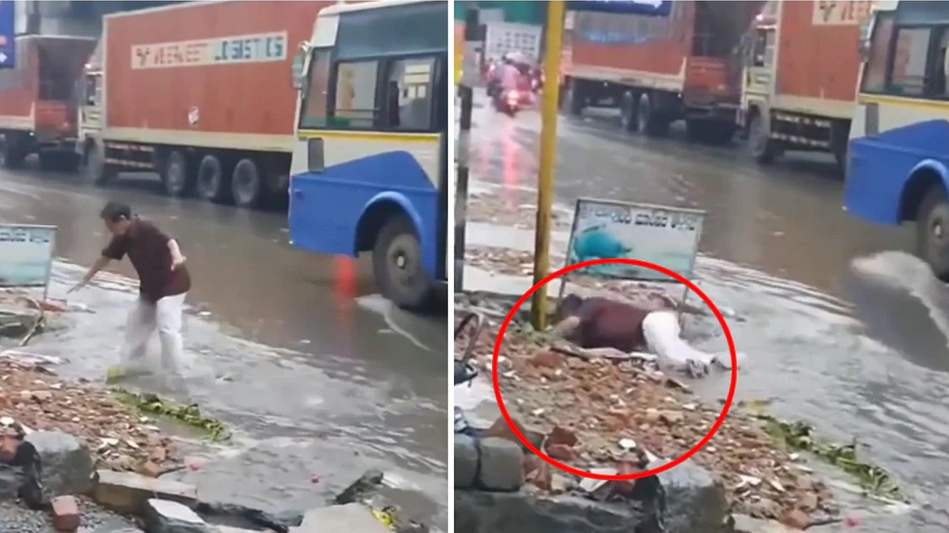 man got washed away in the drain on the roadside in the rain video went Viral