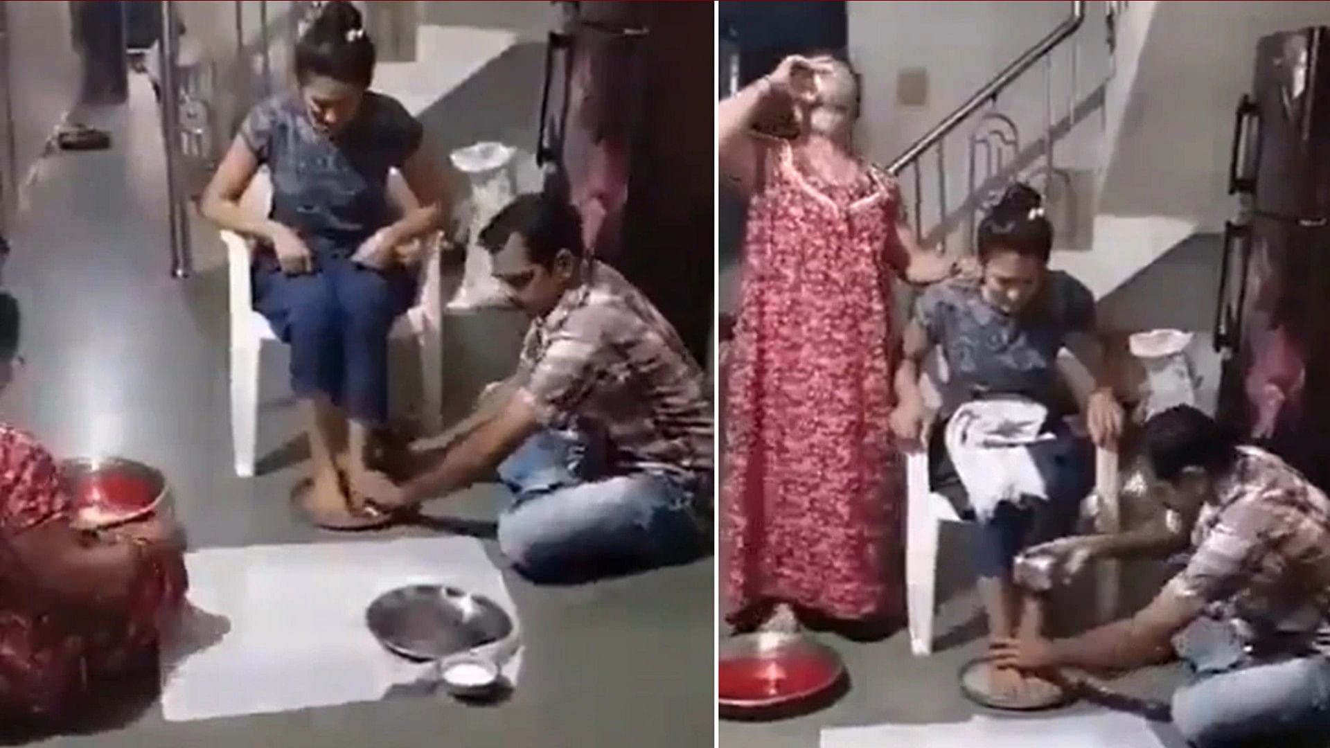 Parents washing daughter's feet with milk and drank it video viral