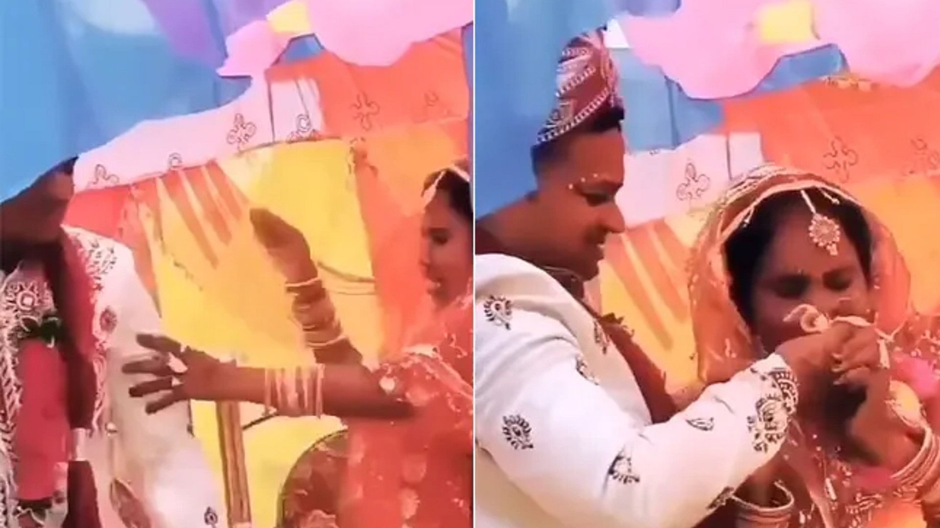 bride started beating the groom on stage, then both of them beat each other video viral