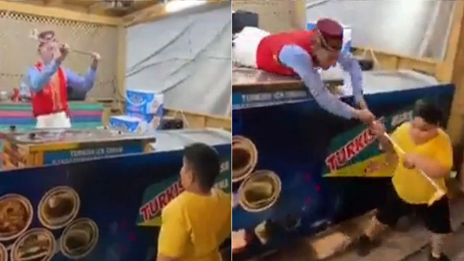 Funny Video child fighting for ice cream on Turkish ice cream stall