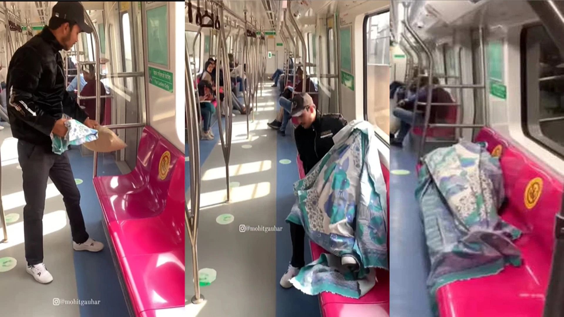 Boy lying down with a pillow-sheet in the metro, video went viral on social media