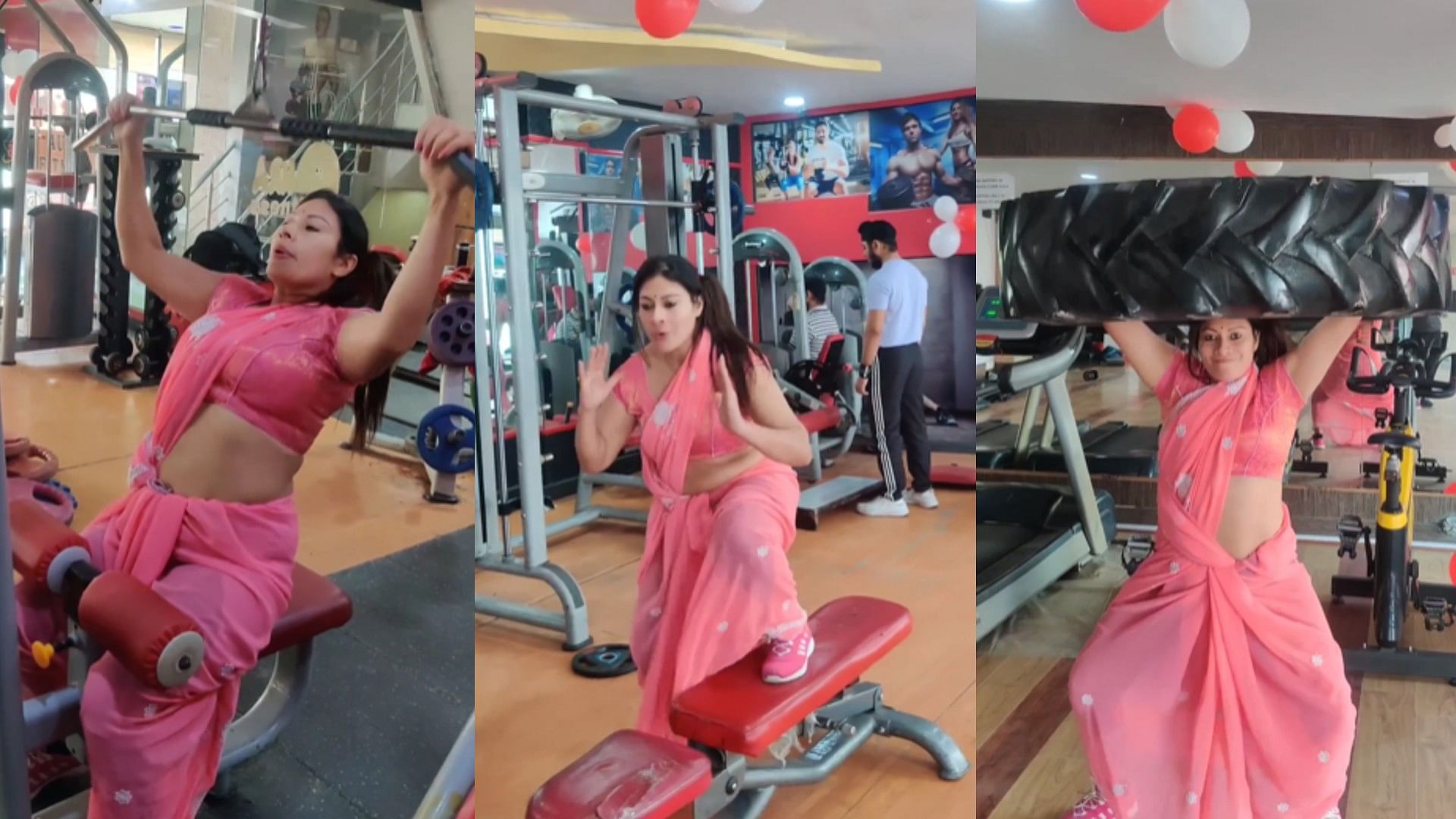 woman doing gym exercise in saree video of fitness trainer went viral