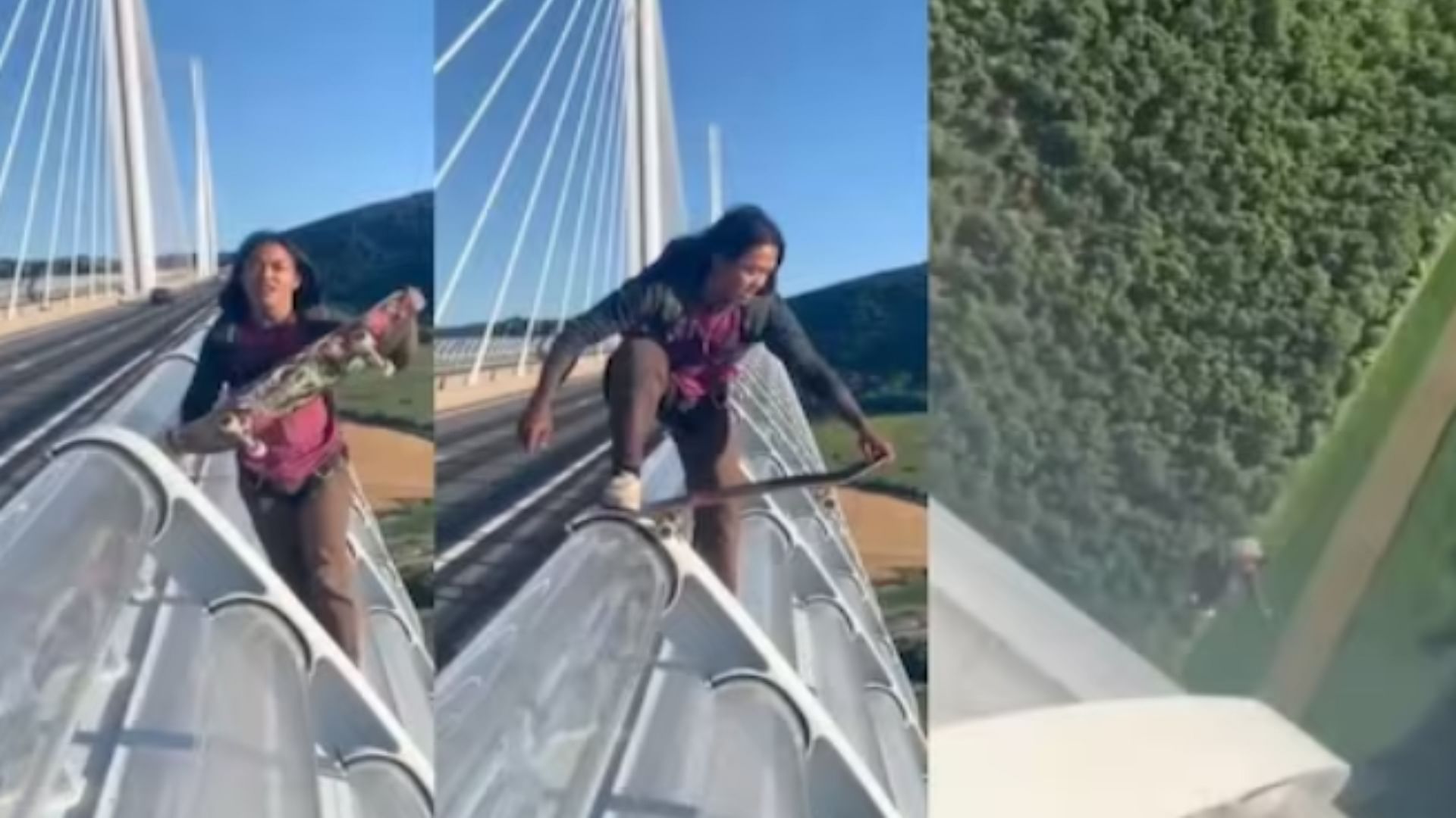 Woman jumped down from the bridge dangerous stunt video viral on social media