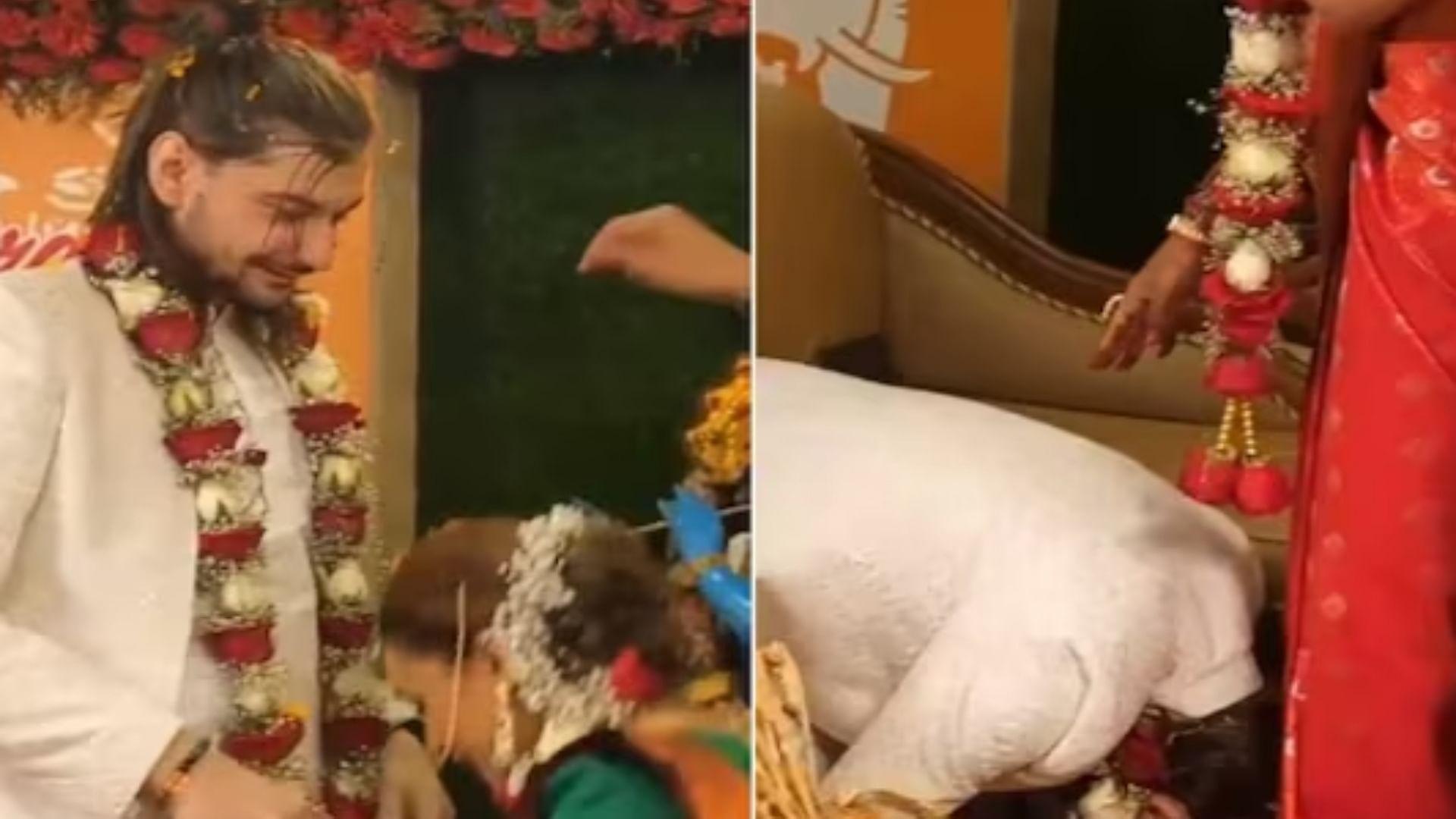 Varmala Viral Video groom touched feet of bride on stage of varmala