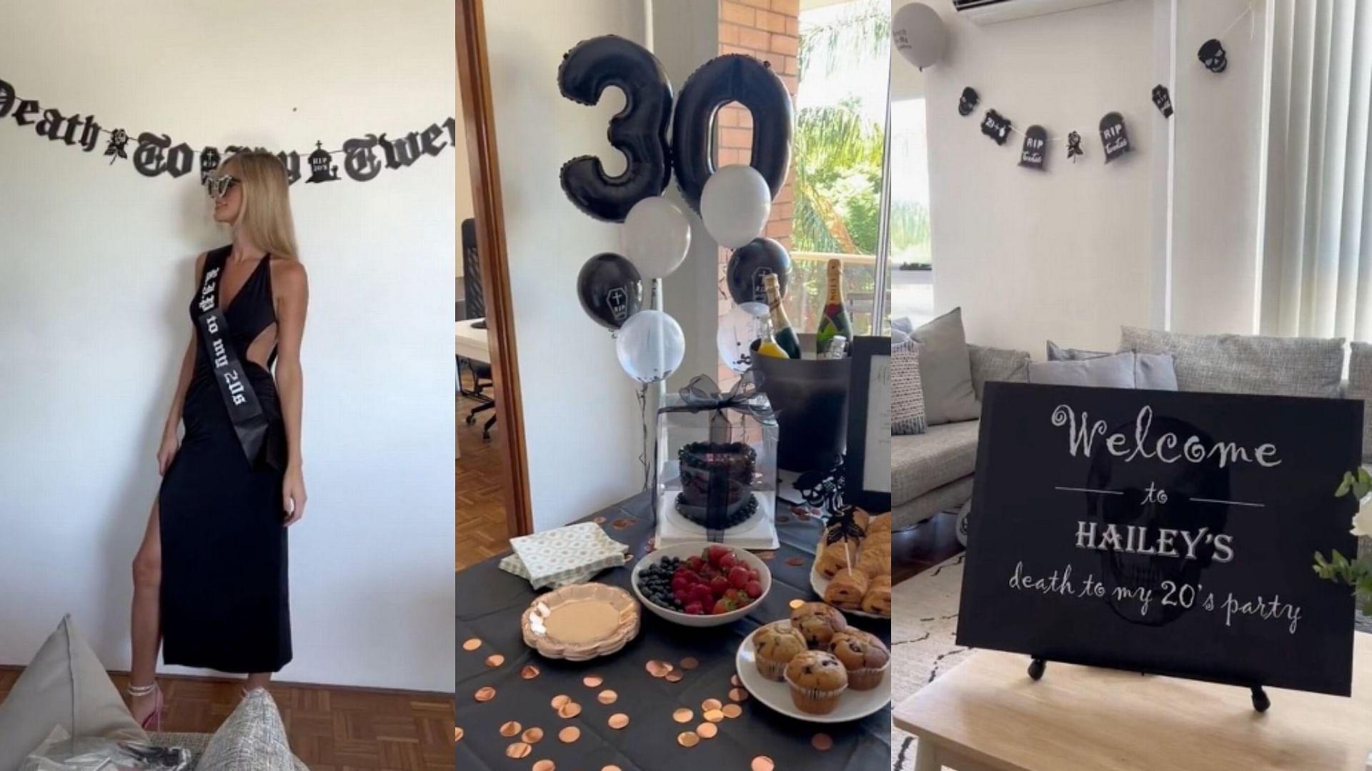 girl had a funeral theme party on her 30th birthday cut a black cake wearing a black dress