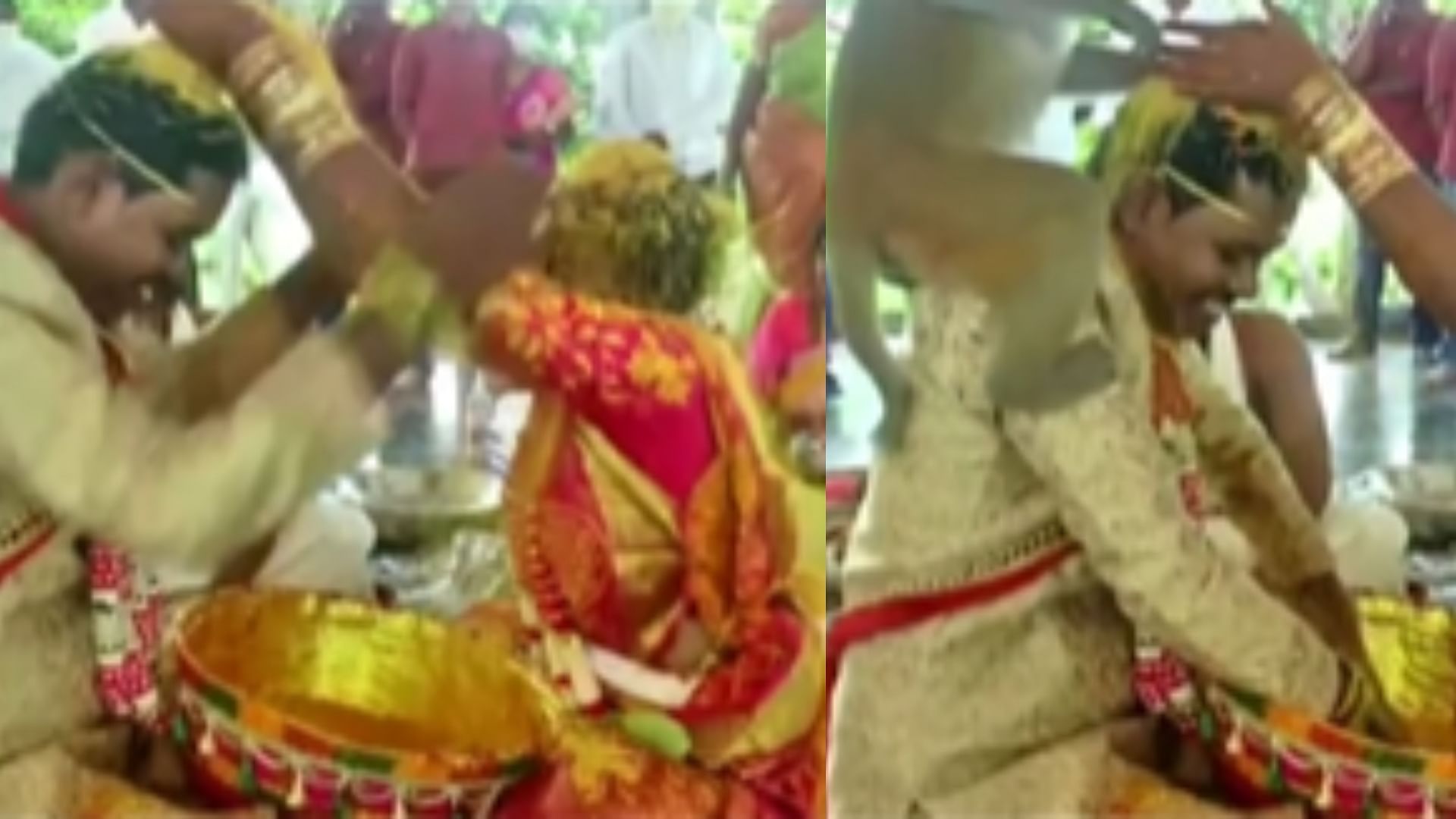 Viral Video monkey entered in wedding beats groom head pulling hair hit the bride