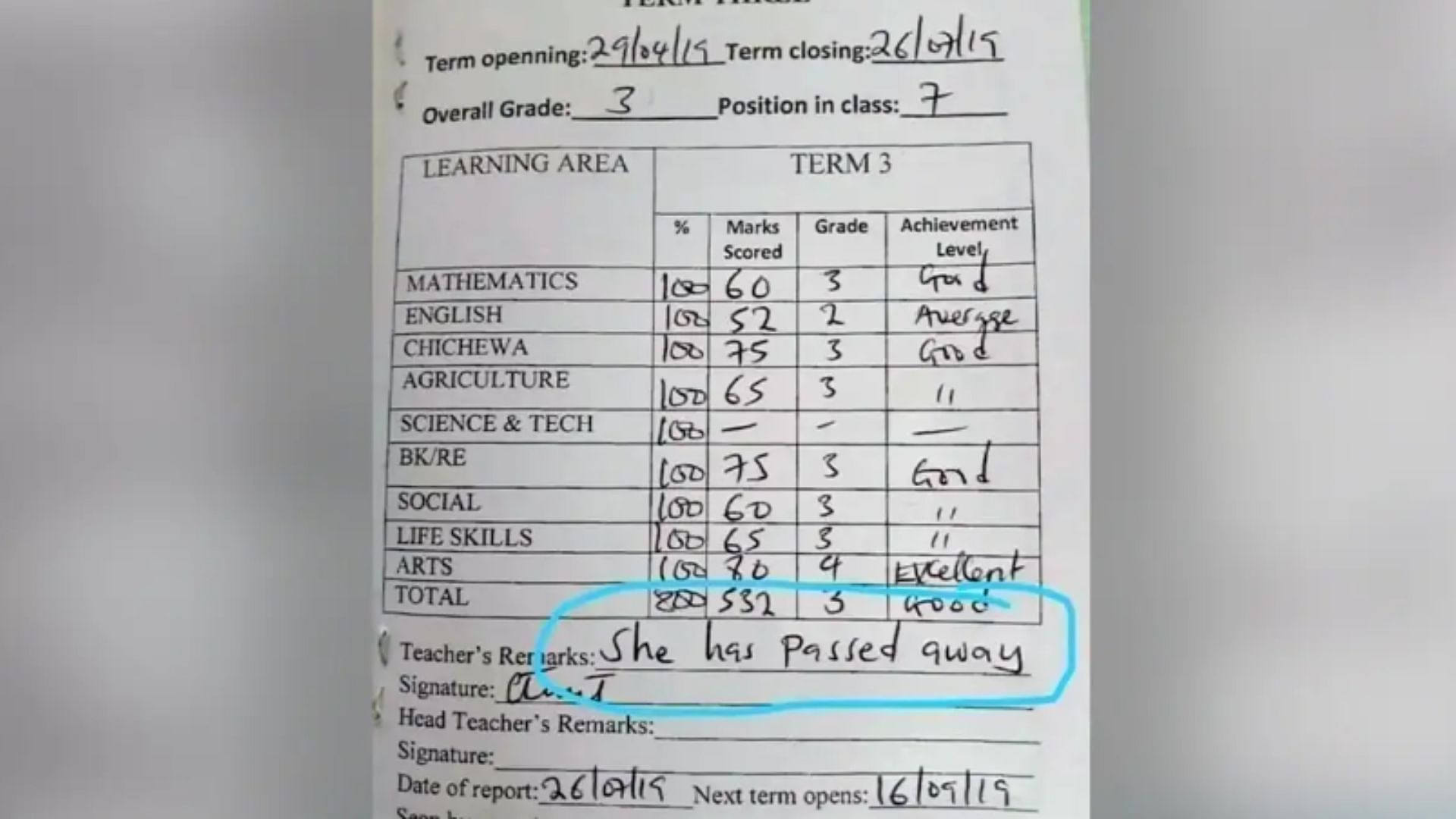 Teacher embarrassing remark on report card goes viral on social media she has passed away