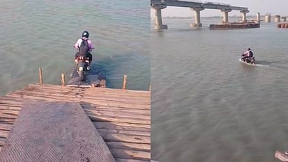 man riding bike in river
