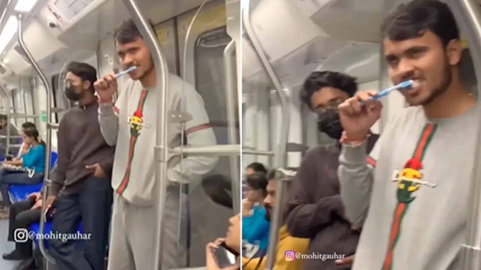 Delhi Metro Viral Video: Man brushing teeth in delhi metro funny video