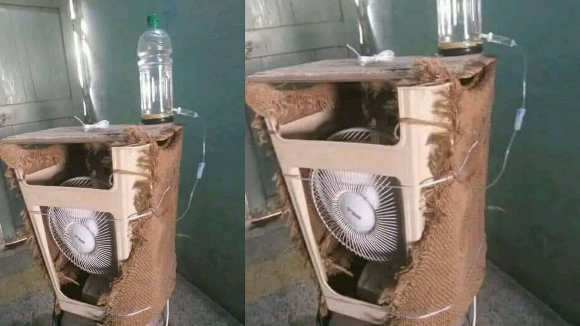 Desi Jugaad man made cooler with table fan and plastic stool jugaad ac photo viral
