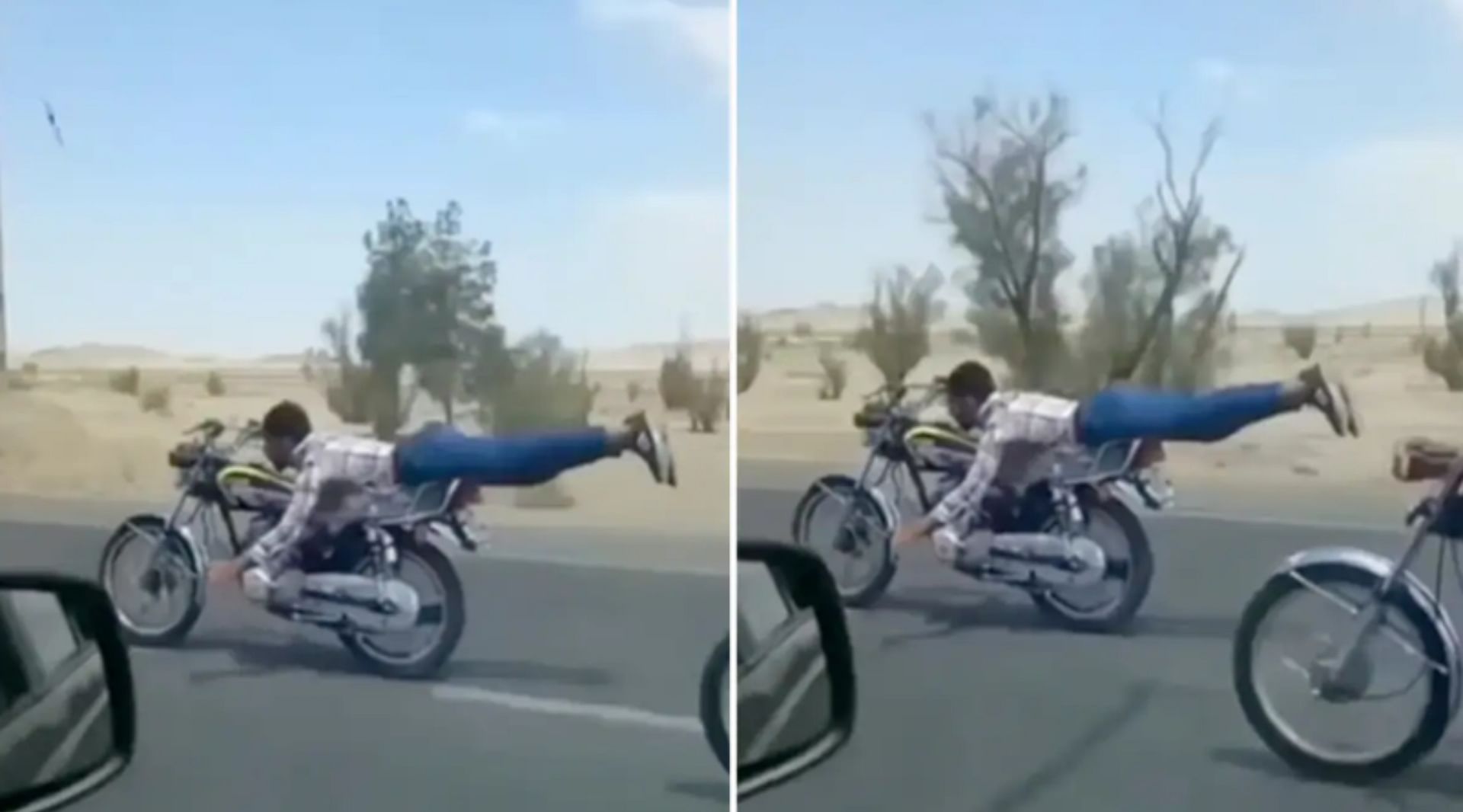 Two man performing dangerous stunts while lying on a moving bike hits by car viral video