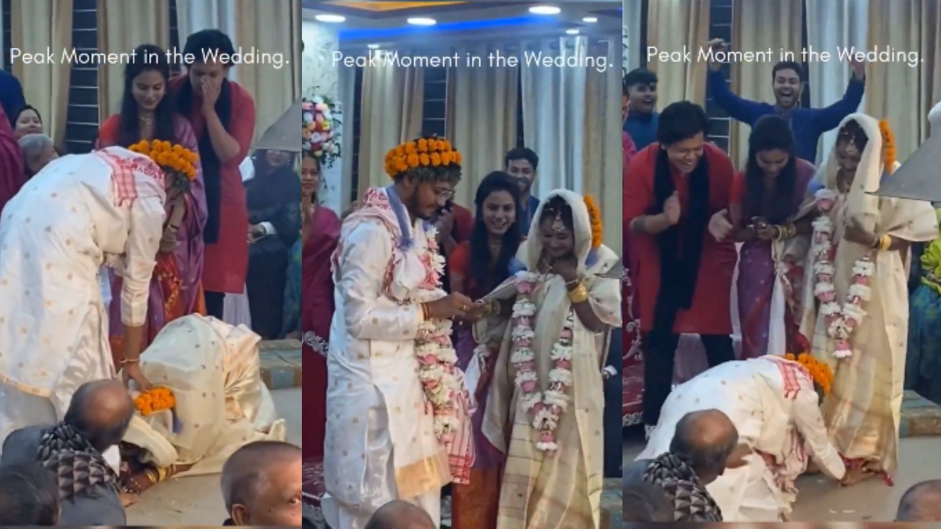 guwahati groom touches bride feet after varmala during wedding video viral on social media