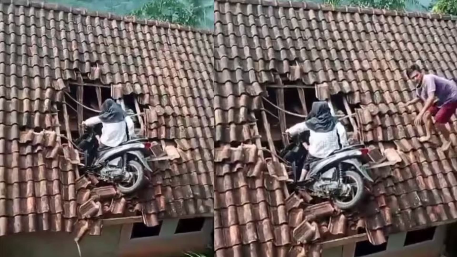 Viral Video: girls driving scooty crashes to house roof funny viral video