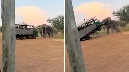 गुस्साए हाथी ने उठा ली पर्यटकों से भरी गाड़ी