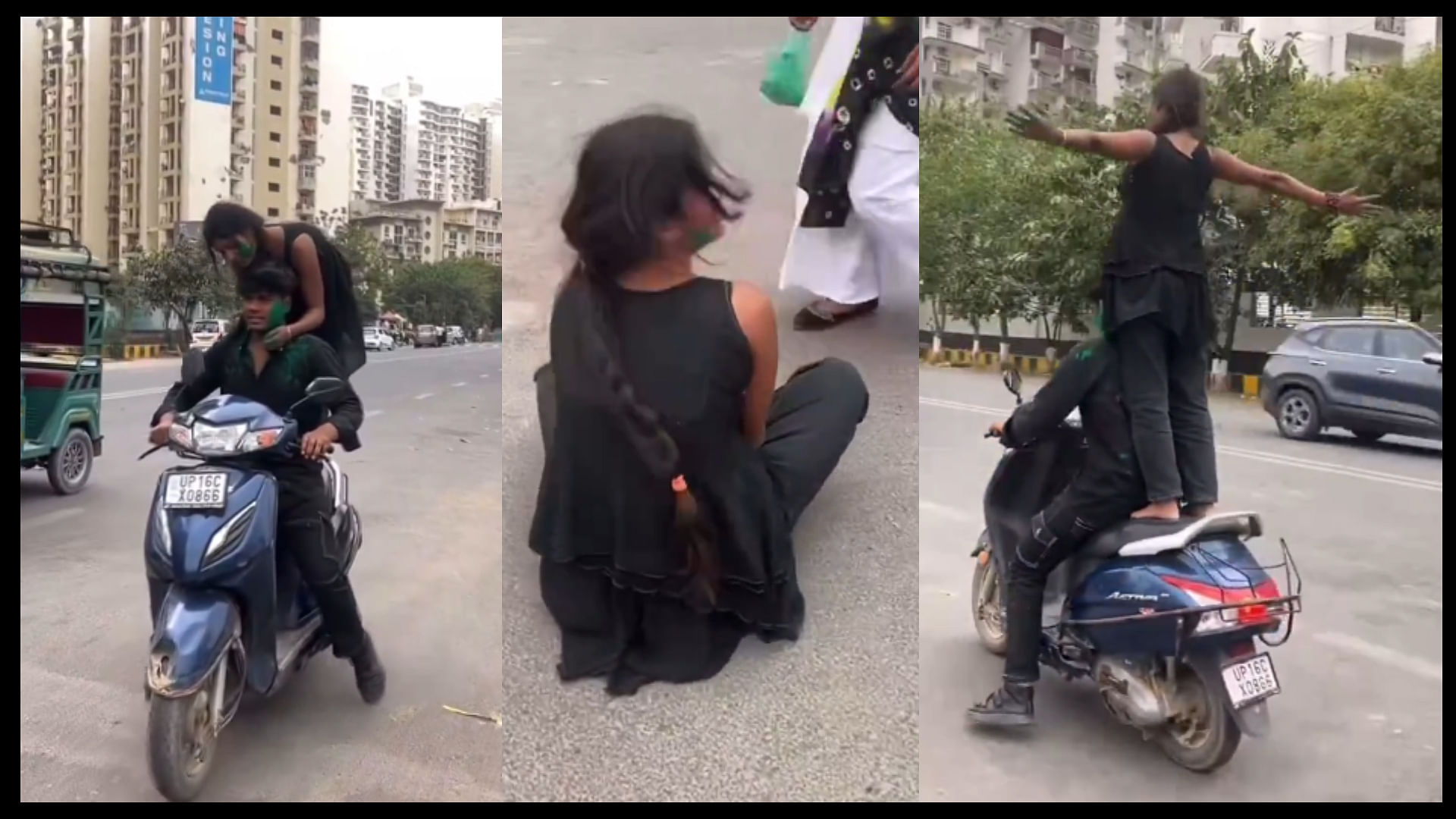 Noida girl played Holi while standing on a moving scooter then fell on her face video viral on social media