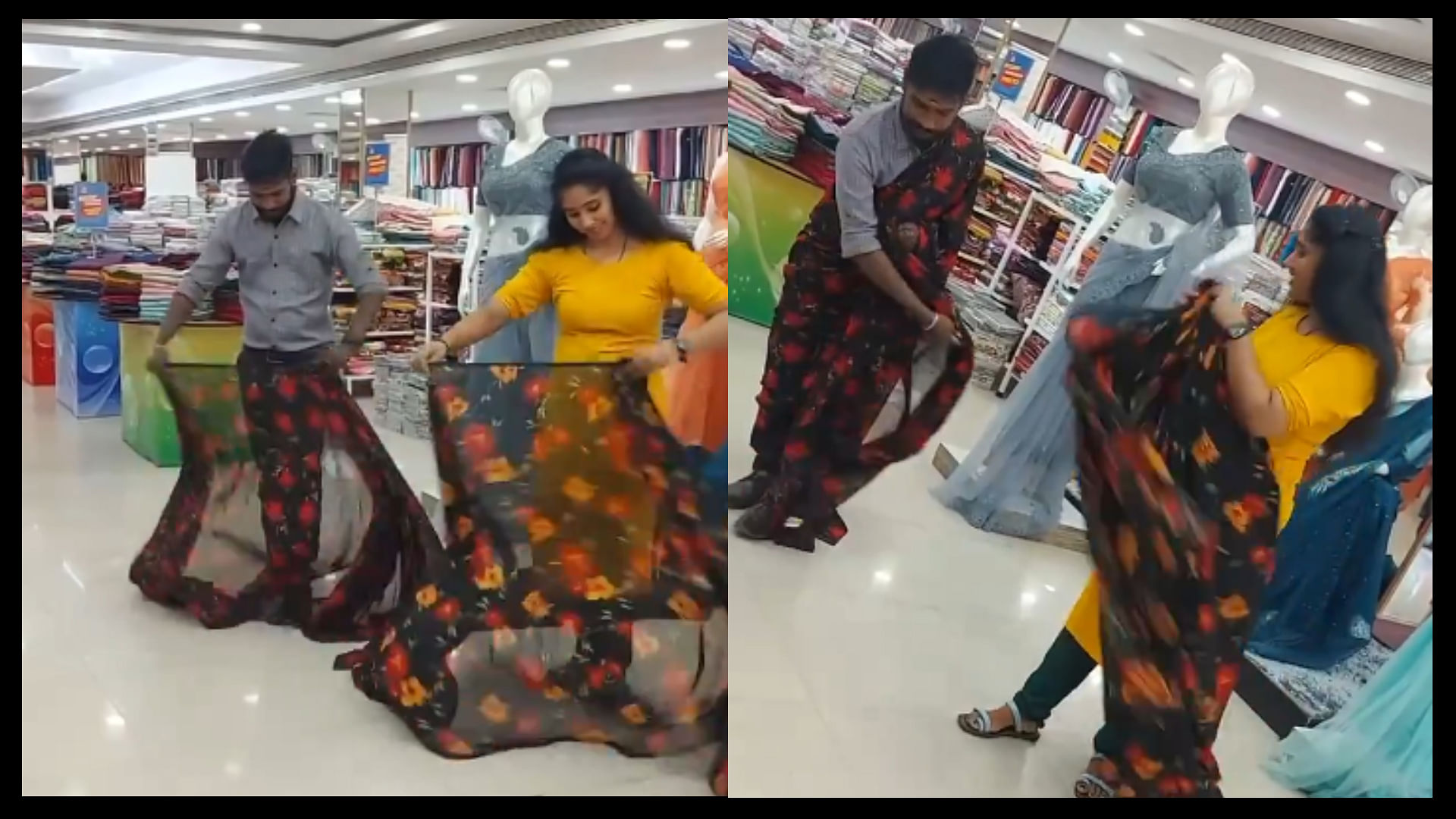 Fast saree wearing competition between man and a woman video goes viral on social media