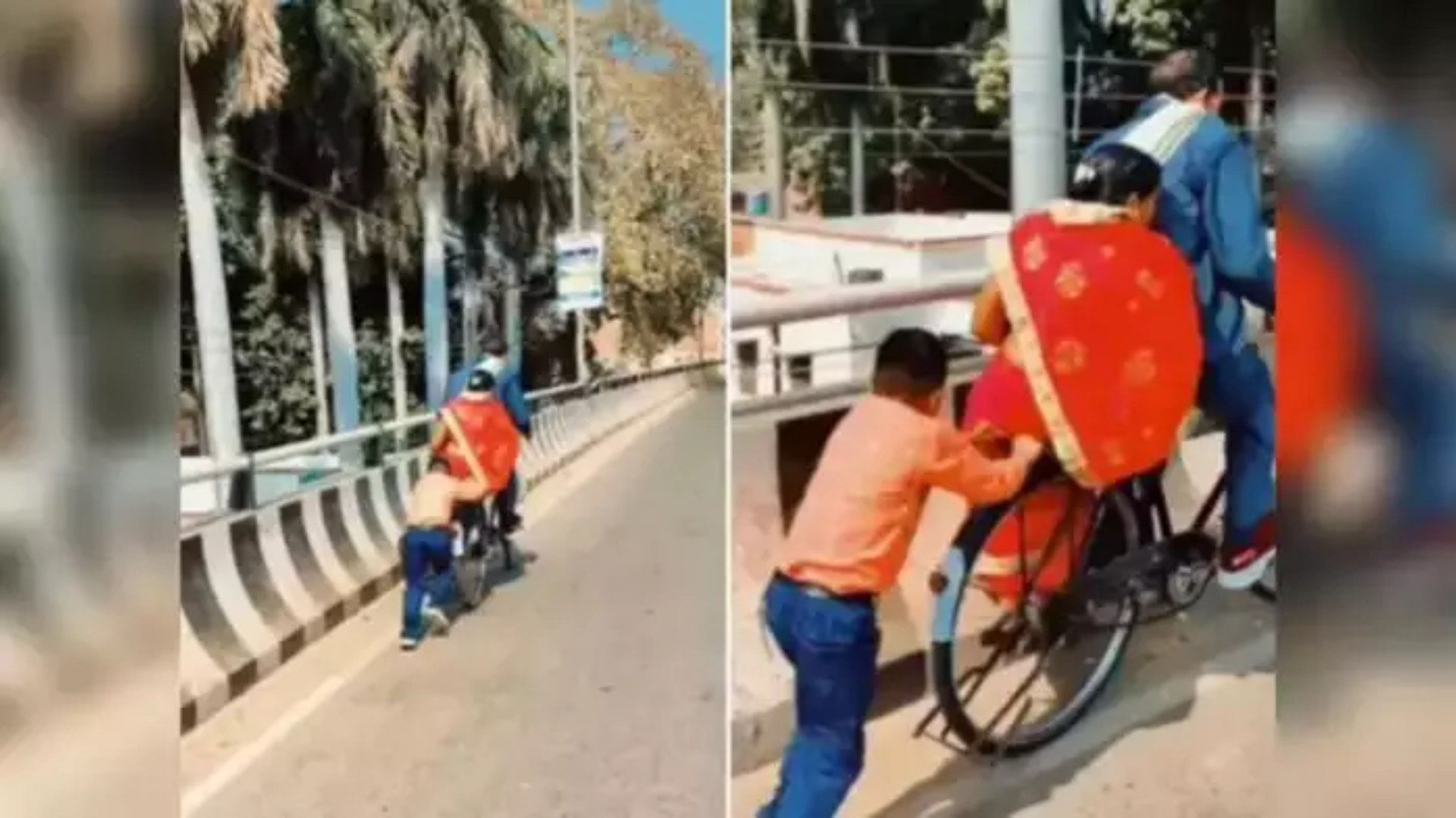 Viral Video Son Pushing Bicycle When Father Paddling On Bridge Old Video Goes Viral