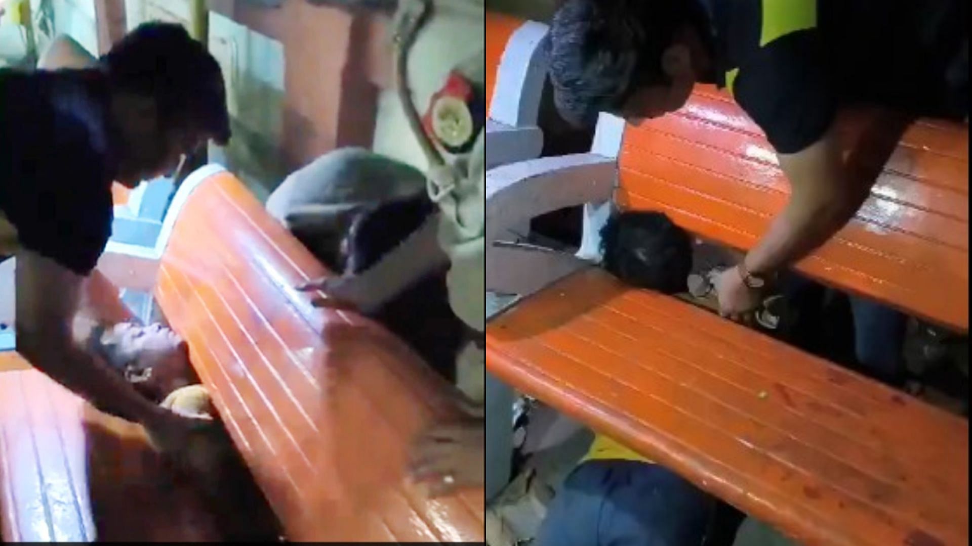 Drunk man neck stuck in park bench in kanpur police rescue video going viral on social media