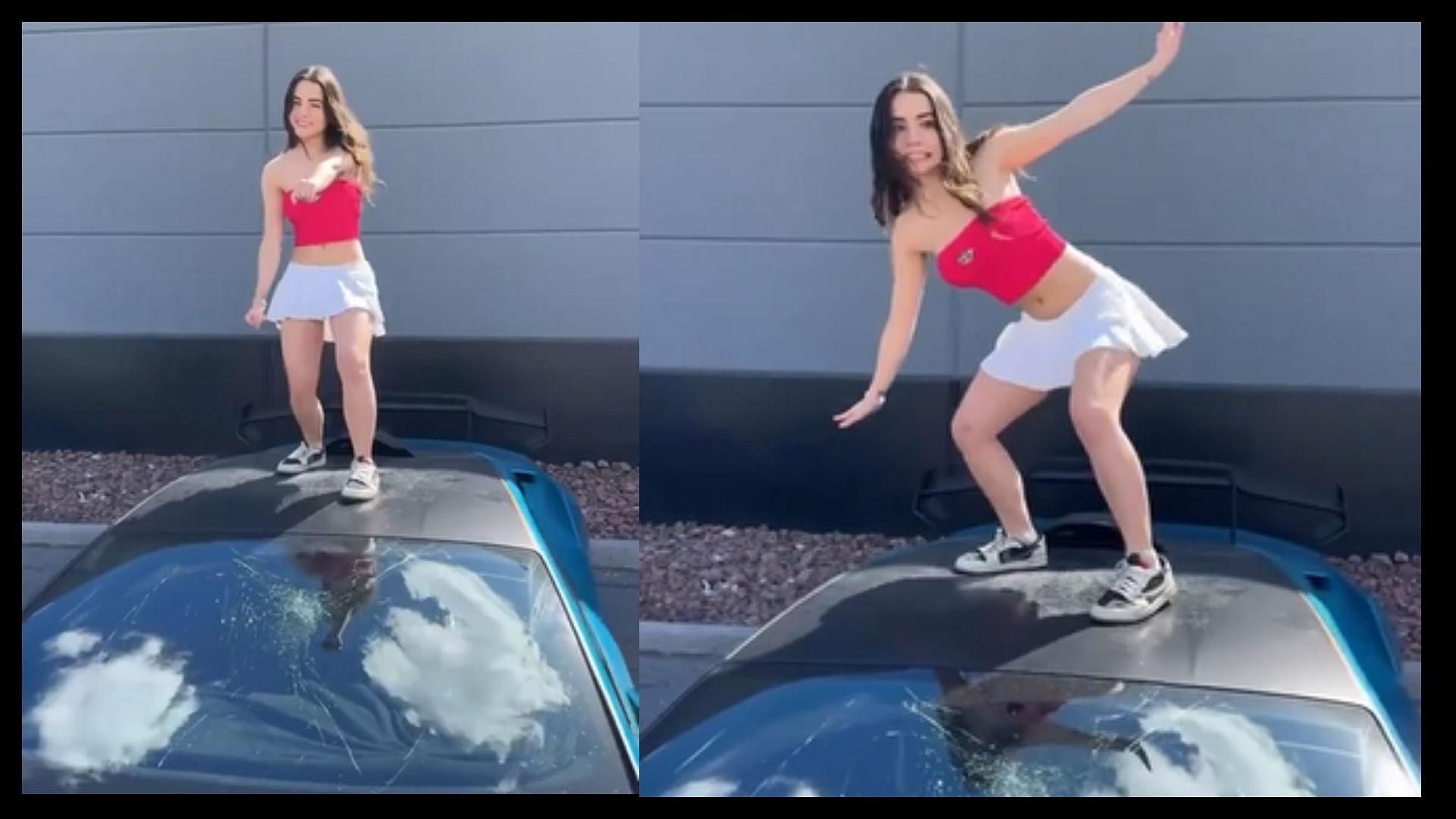 Girl seen dancing on the roof of Lamborghini ignores smashed windshield video viral on social media
