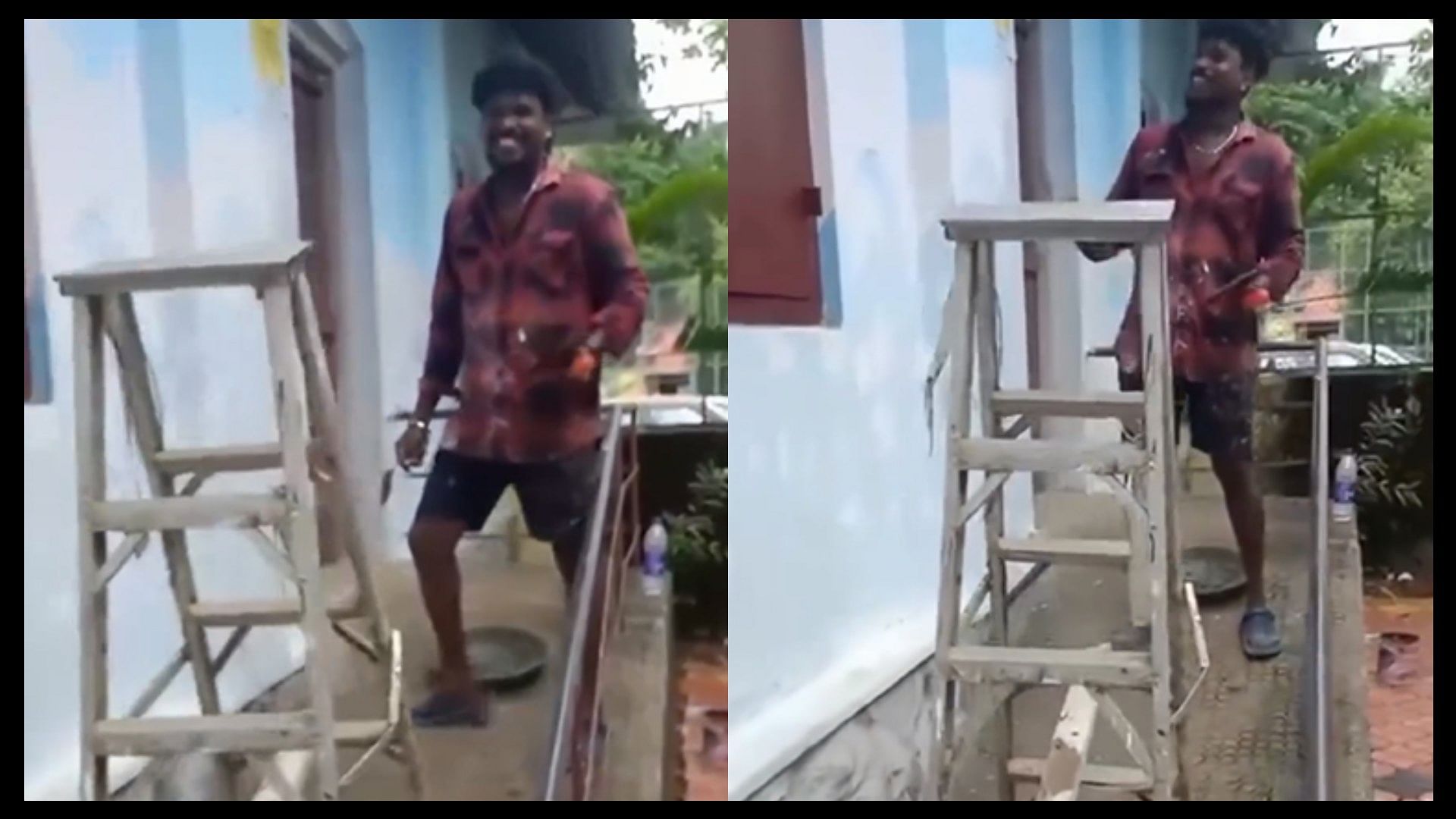 Ladder of the laborer who was painting the house started moving on its own funny video viral on social media