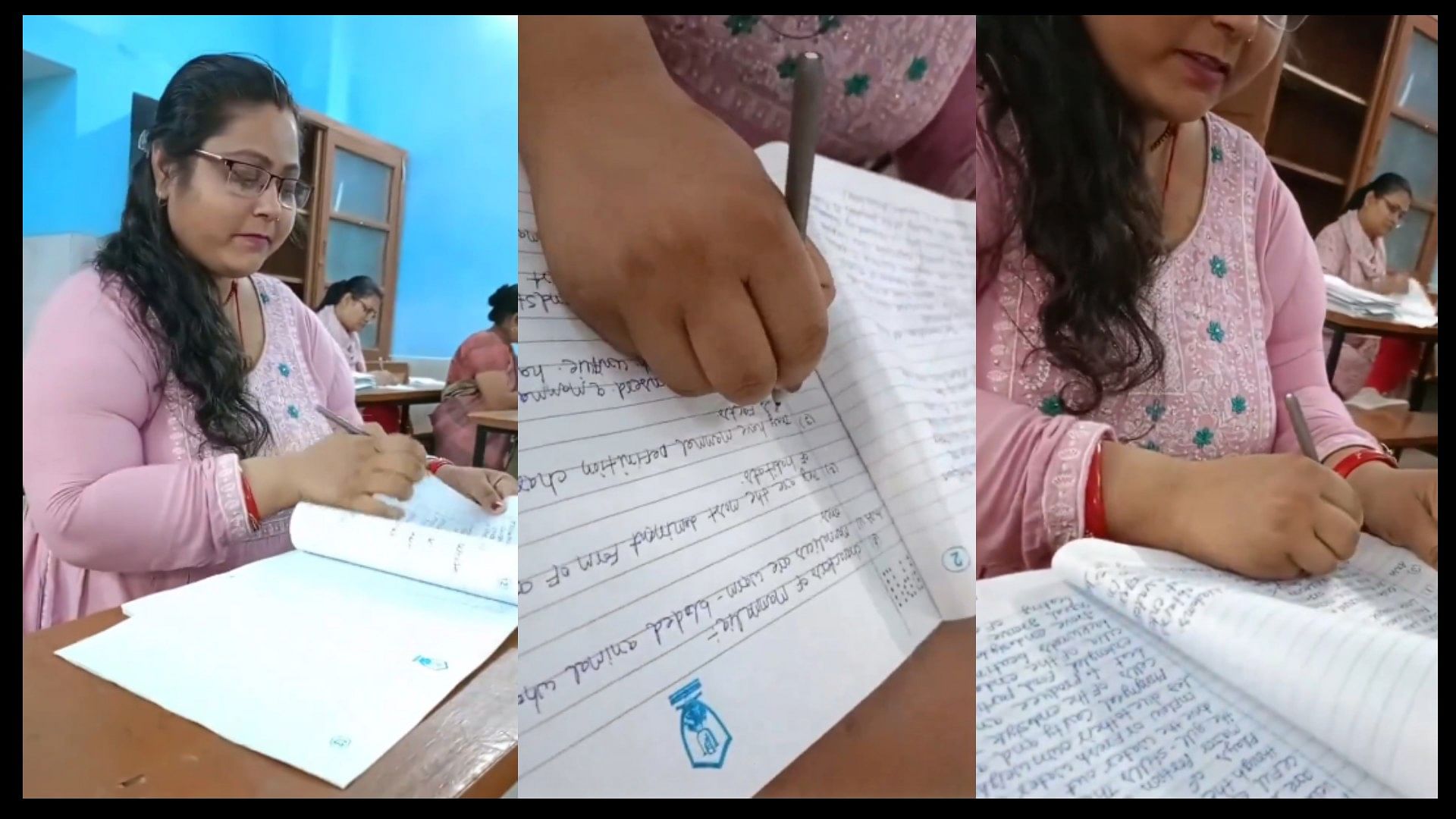Female teacher making a reel while checking ppu exam copy video viral on social media