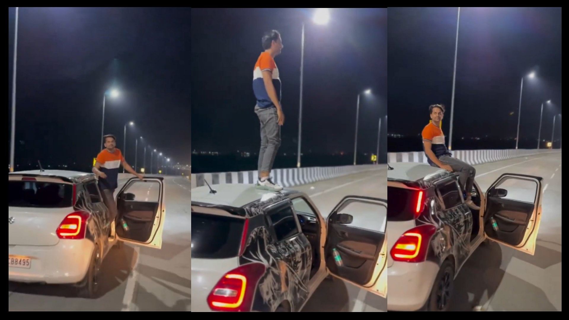 Man opens gate of a moving car stands on its roof dangerous stunt video viral on social media