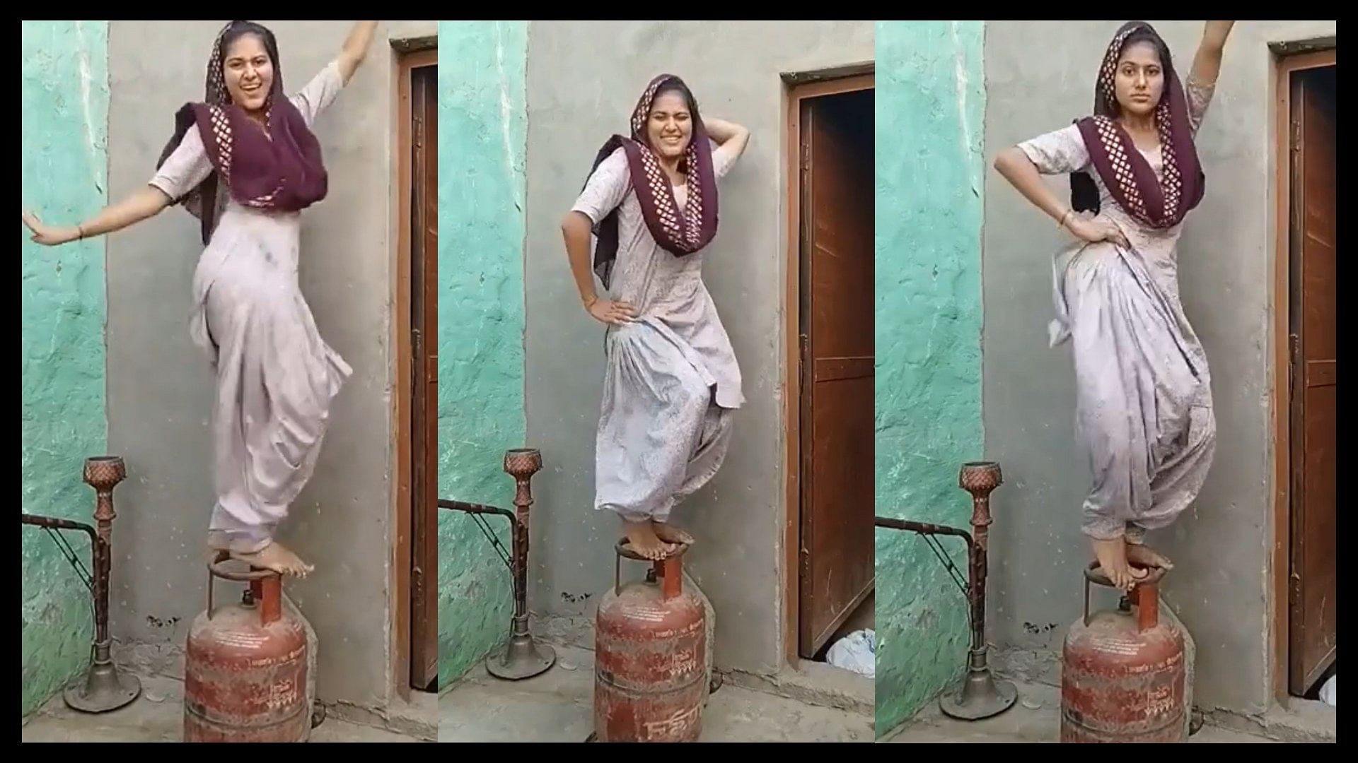 Viral Video girl dancing on gas cylinder suddenly falls down to make funny incident