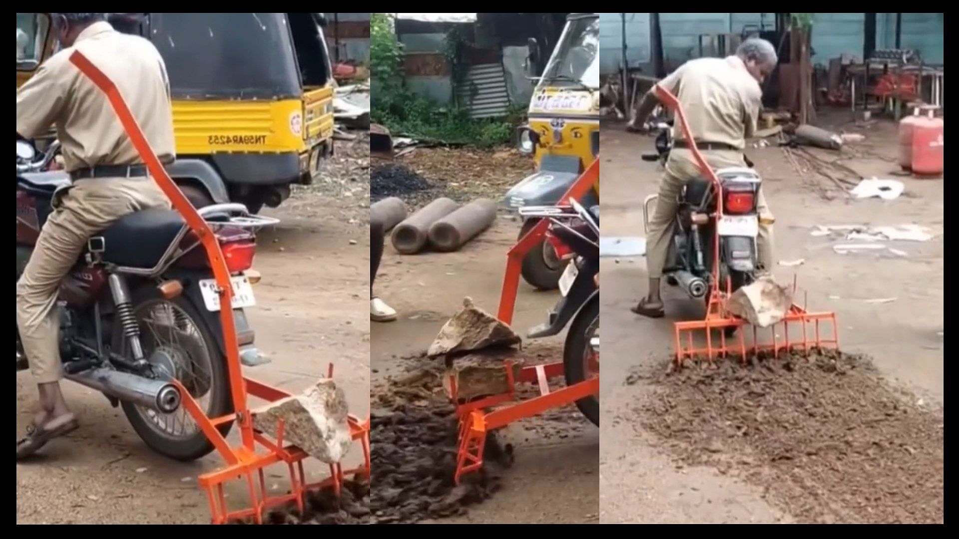 A man amazing trick attached a mini tractor to his bike and started plowing the land