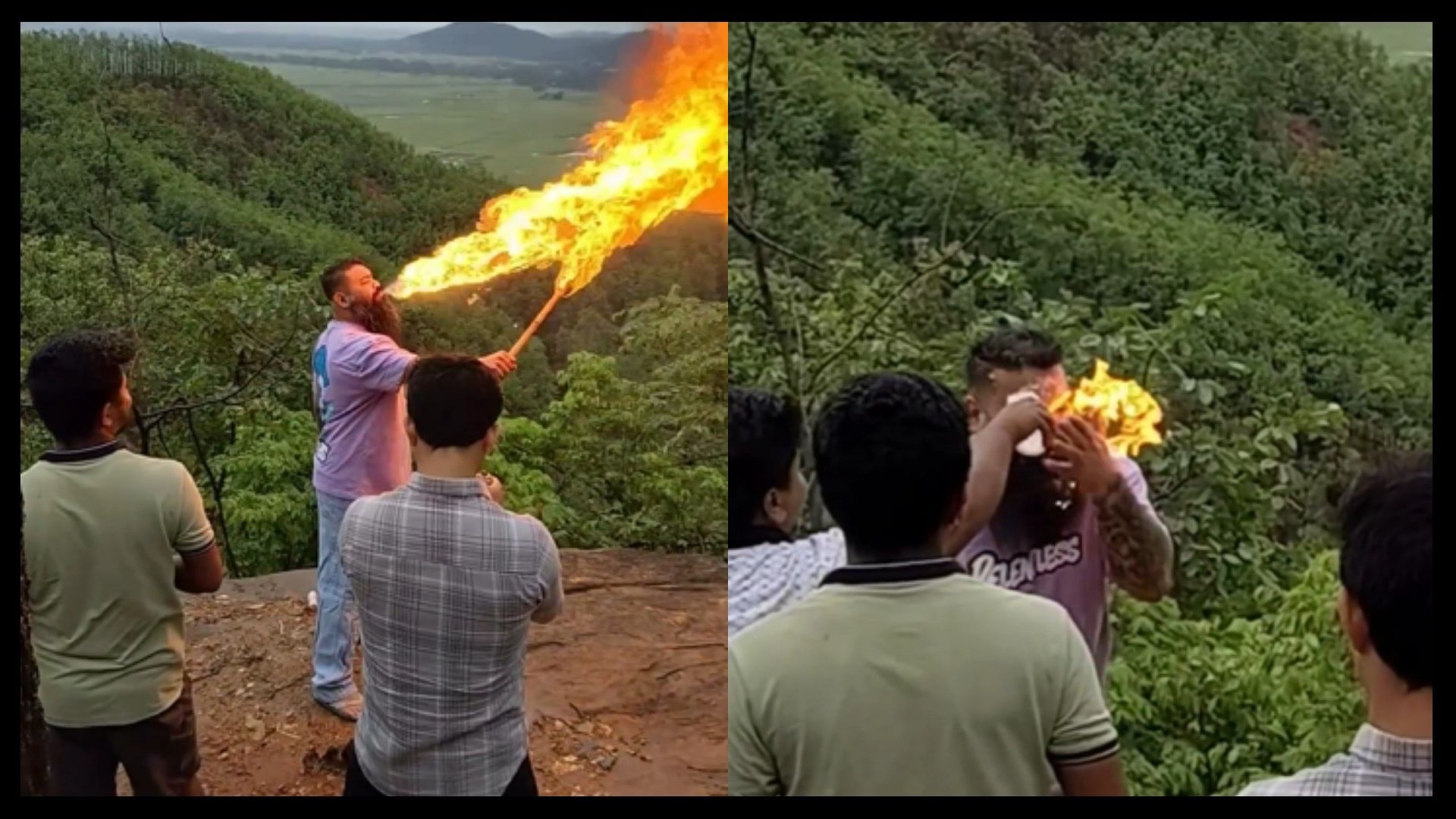 Man beard catches fire while performing dangerous stunt shocking video viral on social media