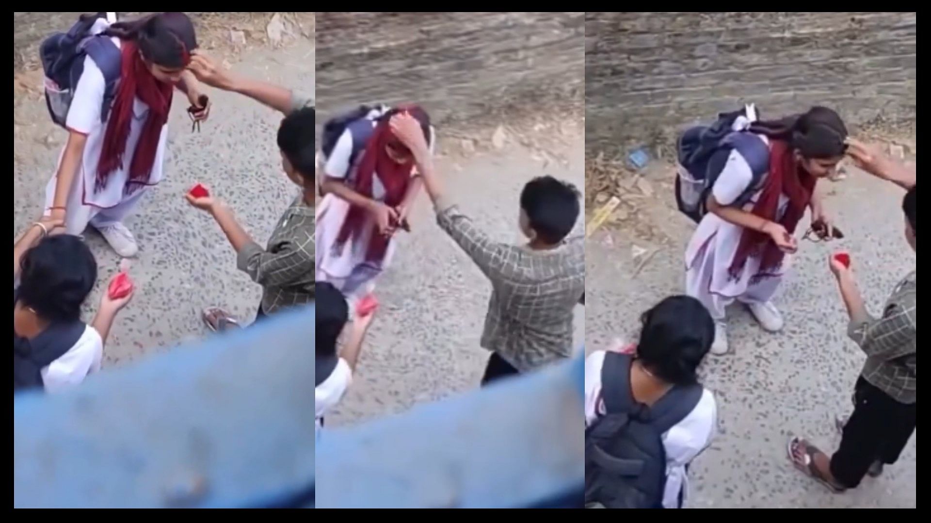 Boy applied sindoor to his minor school girlfriend in the middle road video viral on social media