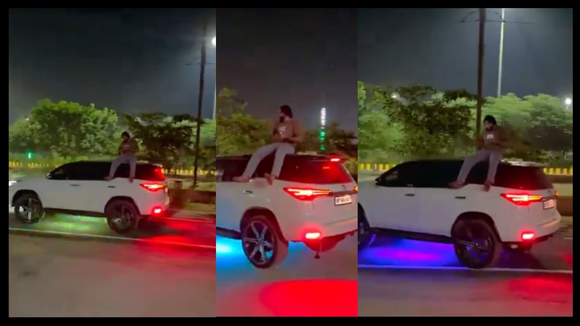 A man was seen doing dangerous stunts while sitting on the roof of a moving car video viral on social media