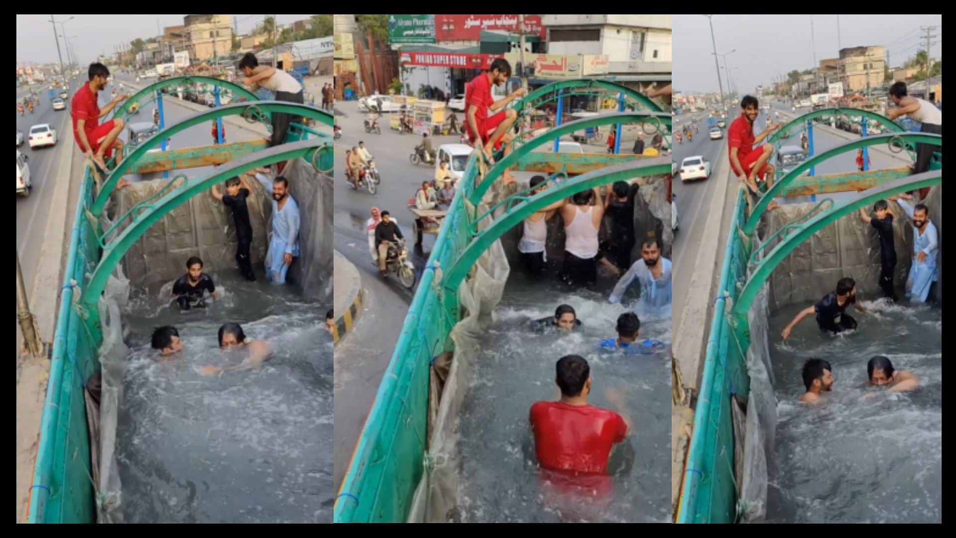 Desi jugaad viral video pakistani boys moving truck converted into swimming pool