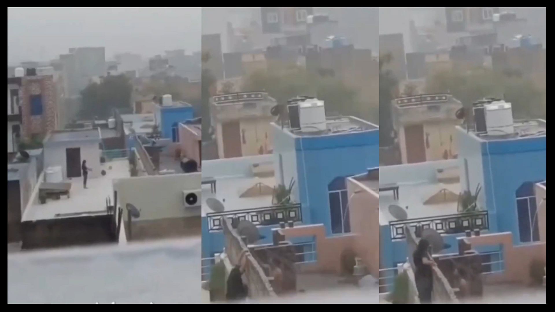 Lovers romance in heavy rain kissing on the roof of house viral video
