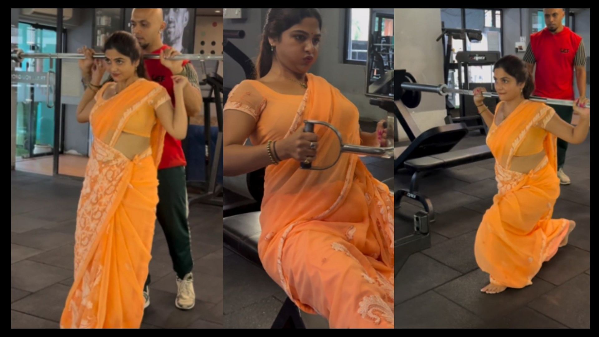 woman exercising wearing saree in gym video goes viral you will be stunned to see