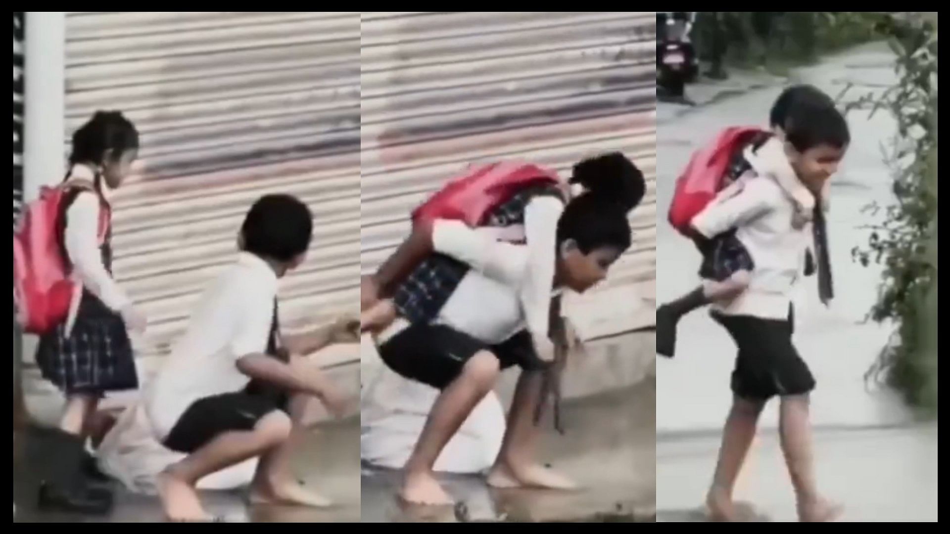 Sister shoes from getting wet the brother carried her on his back heart touching video went viral