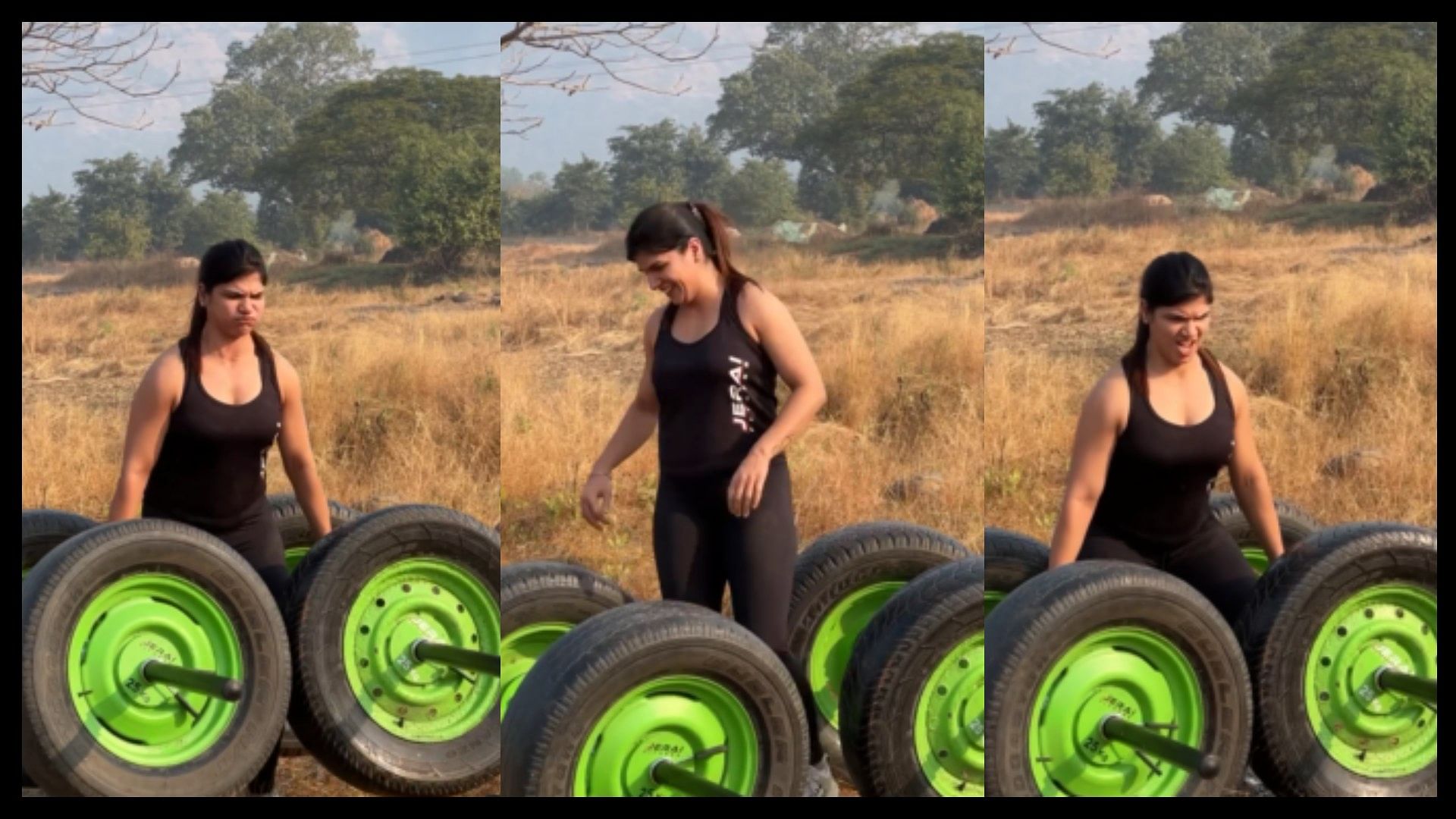 Woman does weightlifting with four big tyres video goes viral on internet