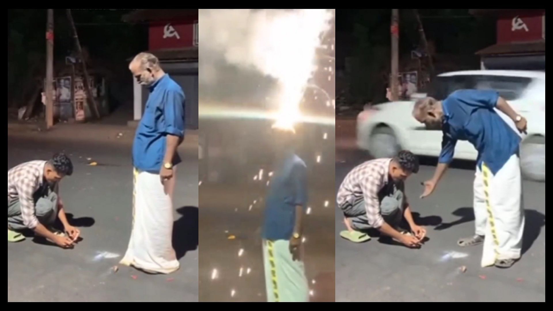 The man placed a burning firecracker on his head video viral o social media