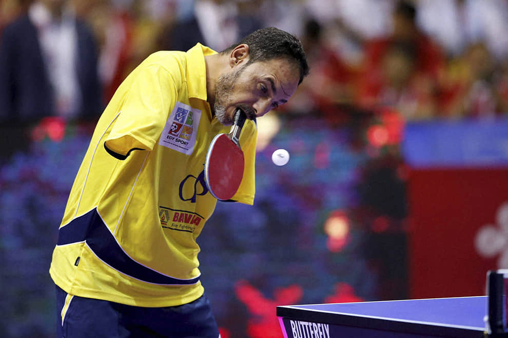 Egyptian Para Table Tennis champion Ibrahim Hamato returns a shot during his exhibition match