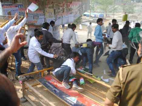Police lathi charged at protesters.